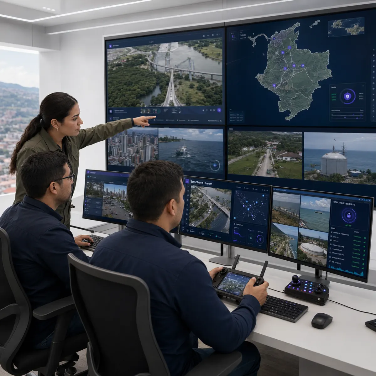 Sala de operaciones de defensa y seguridad con Spectrum Stream y mapa de Colombia
