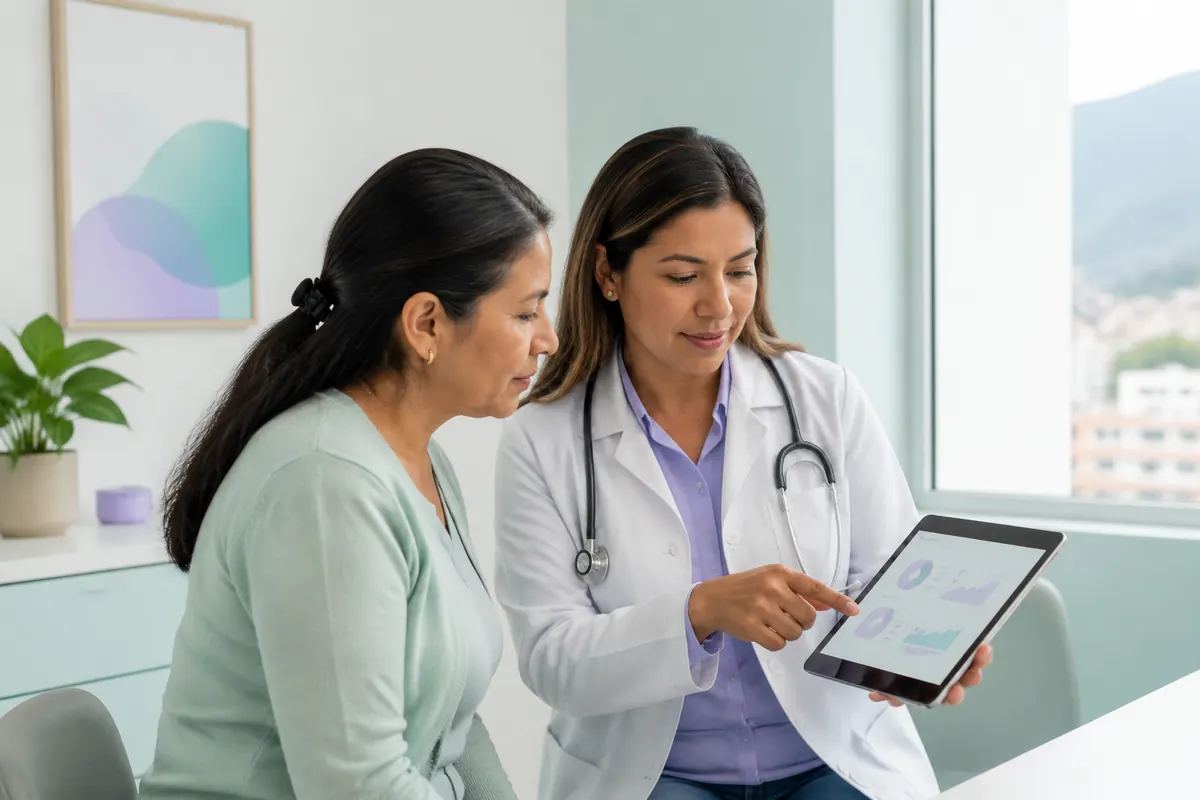Médica y paciente revisando indicadores clínicos en una tablet