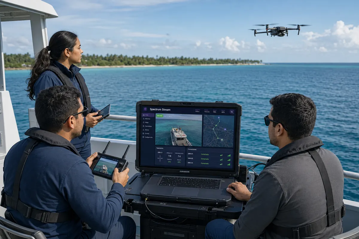 Operación marítima con Spectrum Stream y dron sobre la costa